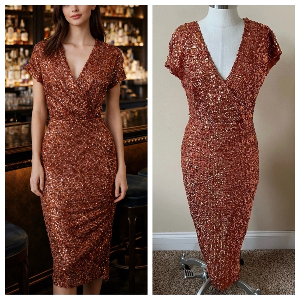 New! Mac Duggal Sequin Faux Wrap Cocktail Dress 17884